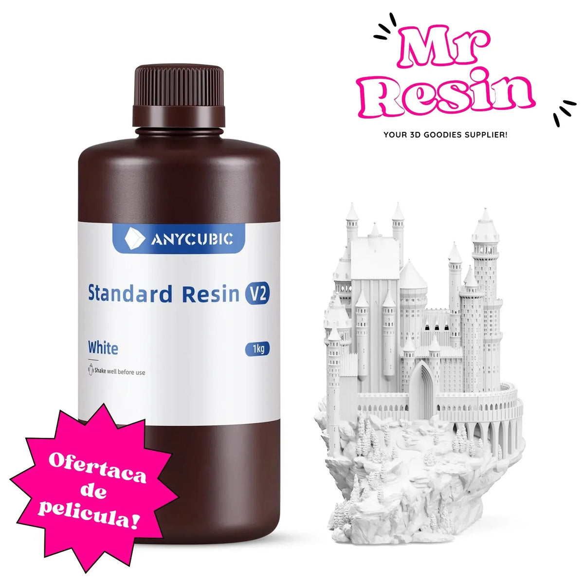 Botella de resina blanca Anycubic V2 junto a una miniatura impresa en 3D de un castillo, sobre fondo blanco.