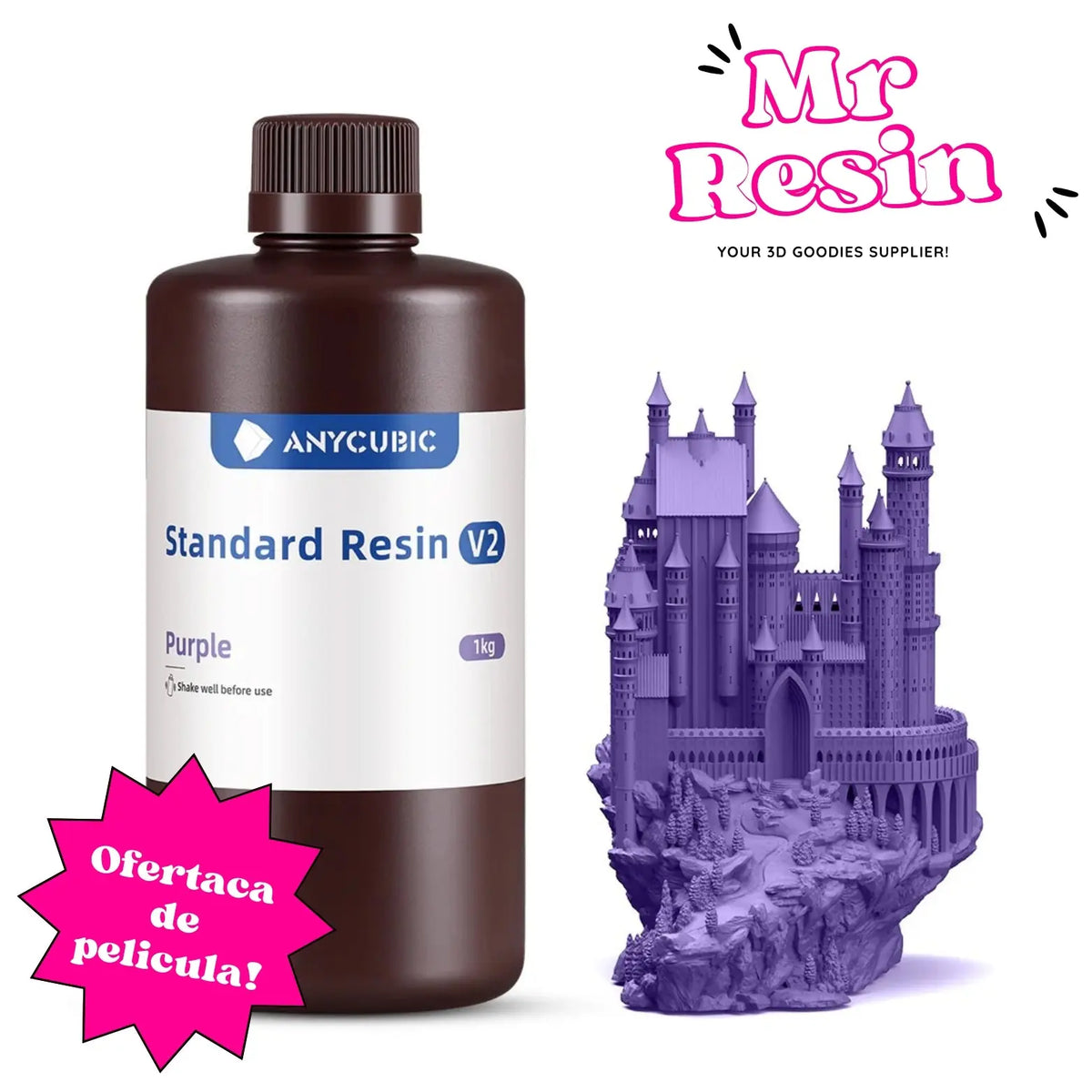 Botella de resina Anycubic V2 morada de 1kg junto a una figura detallada de un castillo impreso en 3D del mismo color.