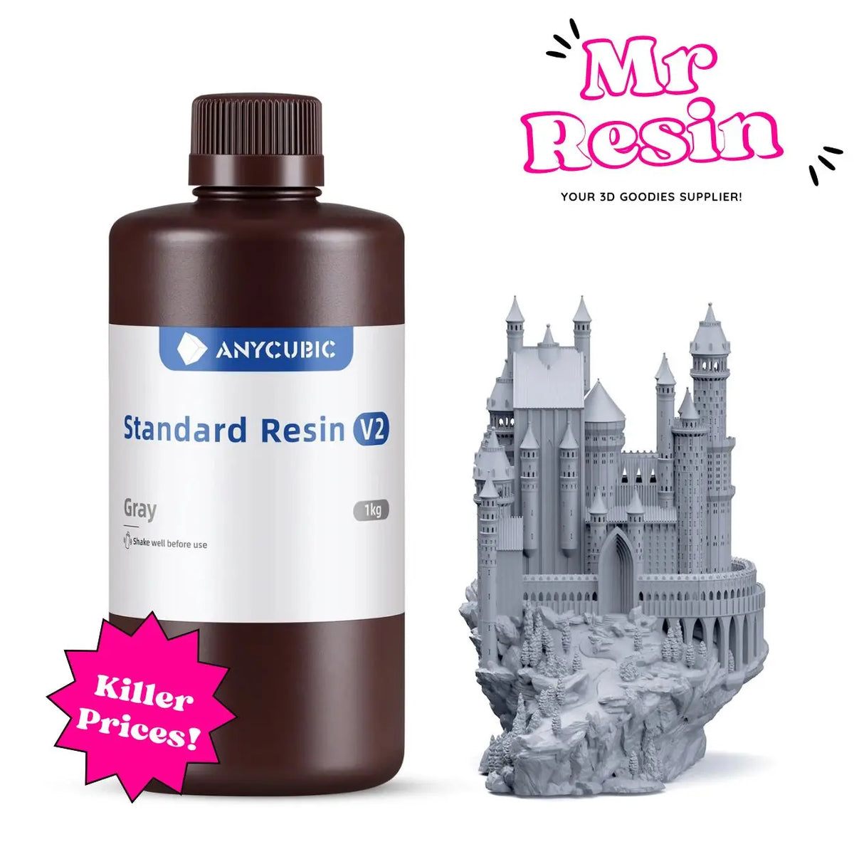 Botella de resina Anycubic V2 gris de 1kg junto a una figura detallada de un castillo impresa en 3D. Marca Mr Resin.