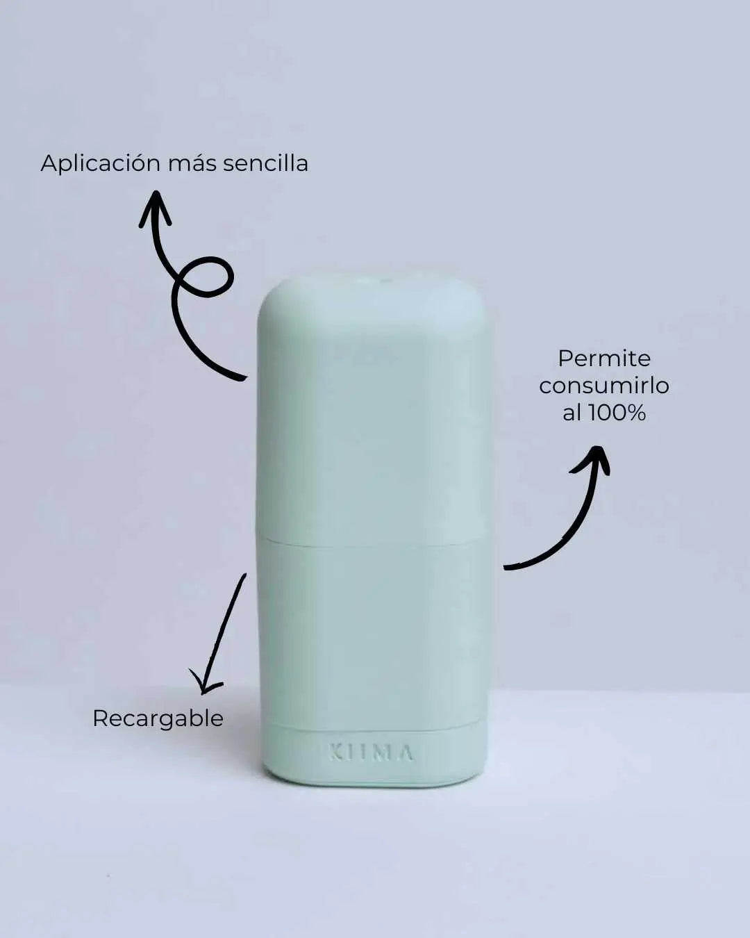 Aplicador Banbu verde menta, recargable y ergonómico para desodorante sólido, con textos explicativos sobre su uso.