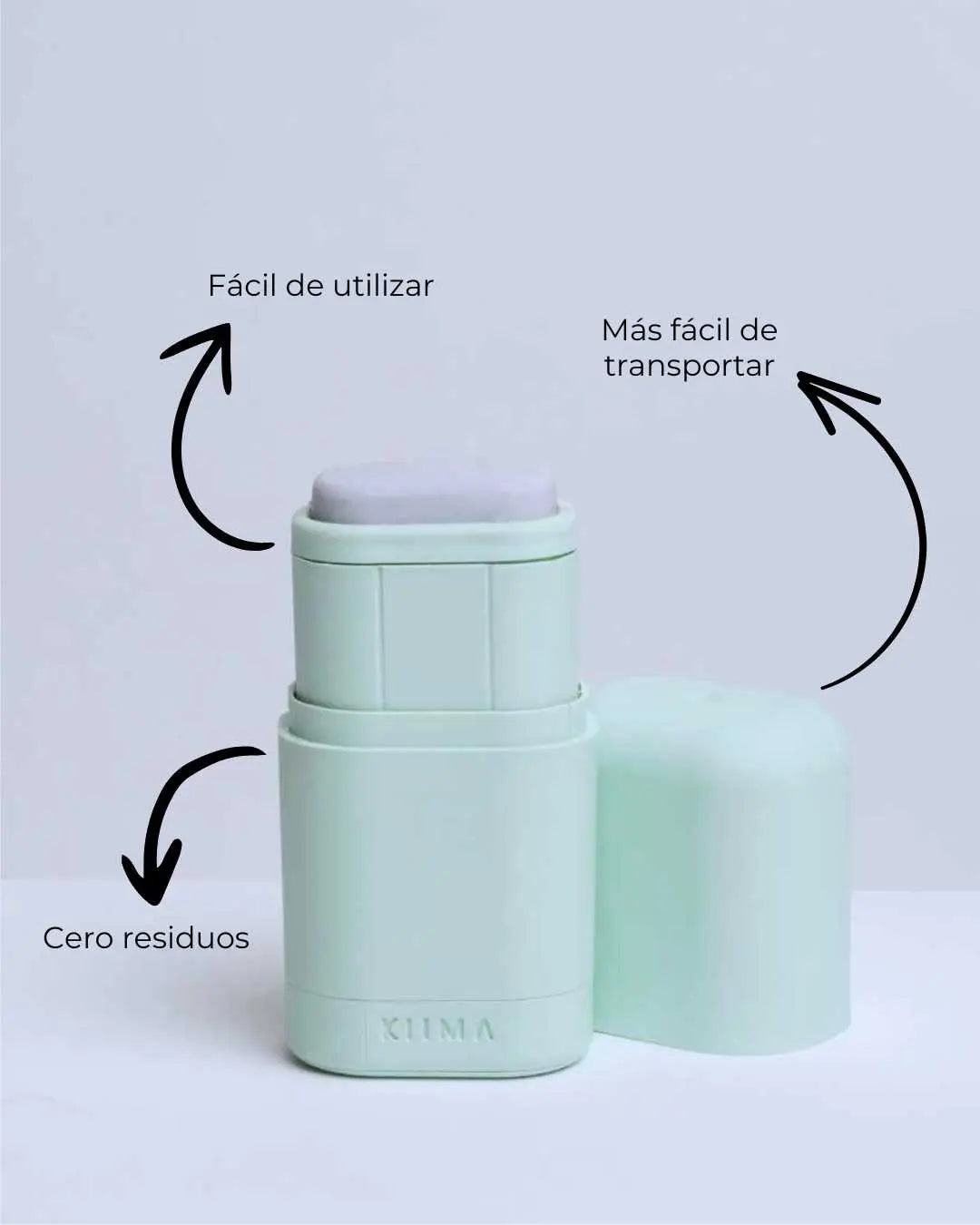 Aplicador verde menta Kiima de Banbu para desodorante sólido, con tapa y texto explicativo sobre sus beneficios.