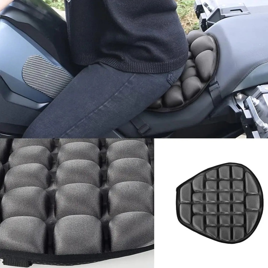 Black gel seat cushion with ergonomic design for motorcycles, providing comfort and support during rides.