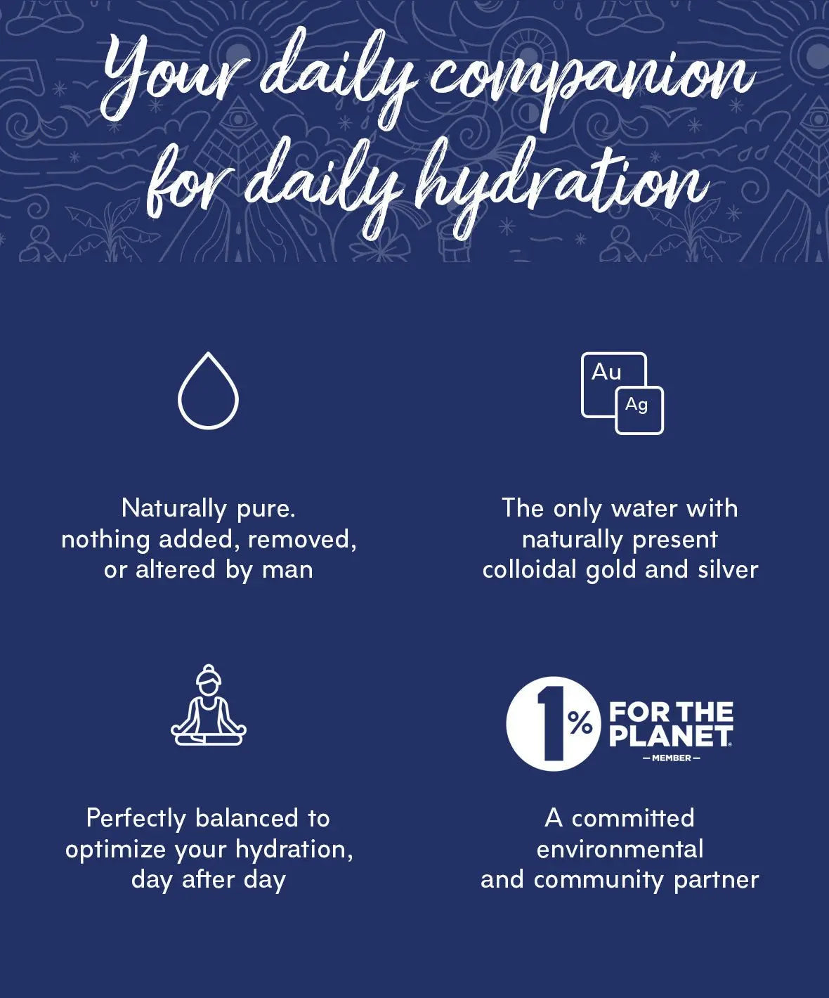 Blue infographic highlighting product purity, colloidal gold and silver content, and 1% for the Planet membership.