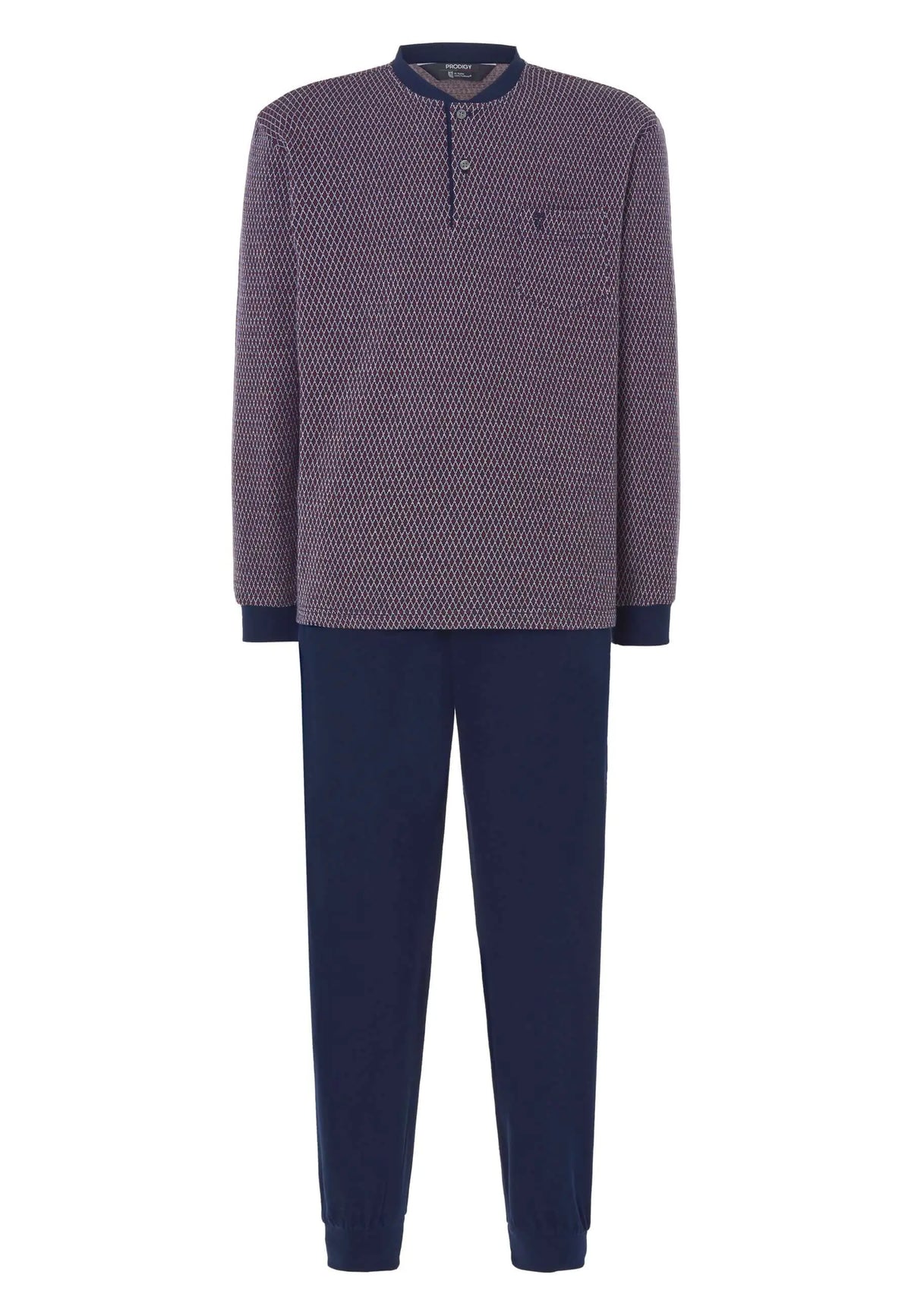 Pijama de invierno para hombre, camiseta de algodón estampada con tapeta y pantalón liso azul marino de ajuste cómodo.