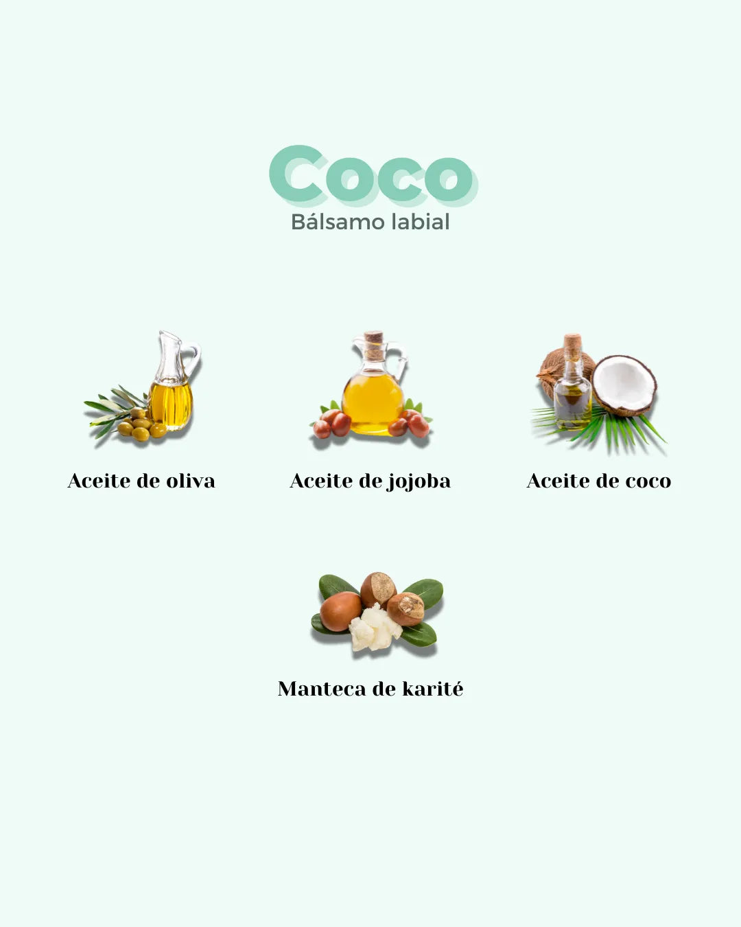 Bálsamo labial Banbu de coco mostrando sus ingredientes naturales: aceites de oliva, jojoba, coco y manteca de karité.