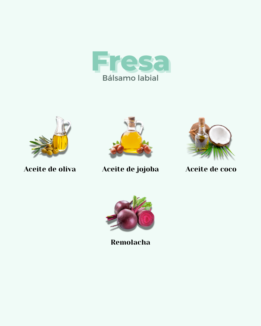 Bálsamo labial Banbu sabor fresa, muestra ingredientes naturales: aceites de oliva, jojoba, coco y remolacha.