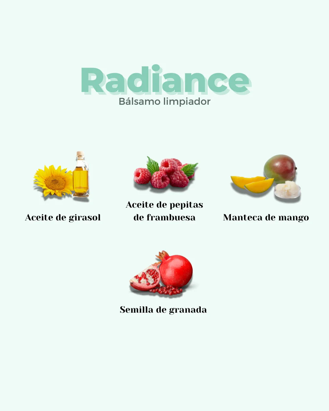 Bálsamo limpiador Banbu Radiance mostrando sus ingredientes naturales: girasol, frambuesa, mango y granada sobre fondo.