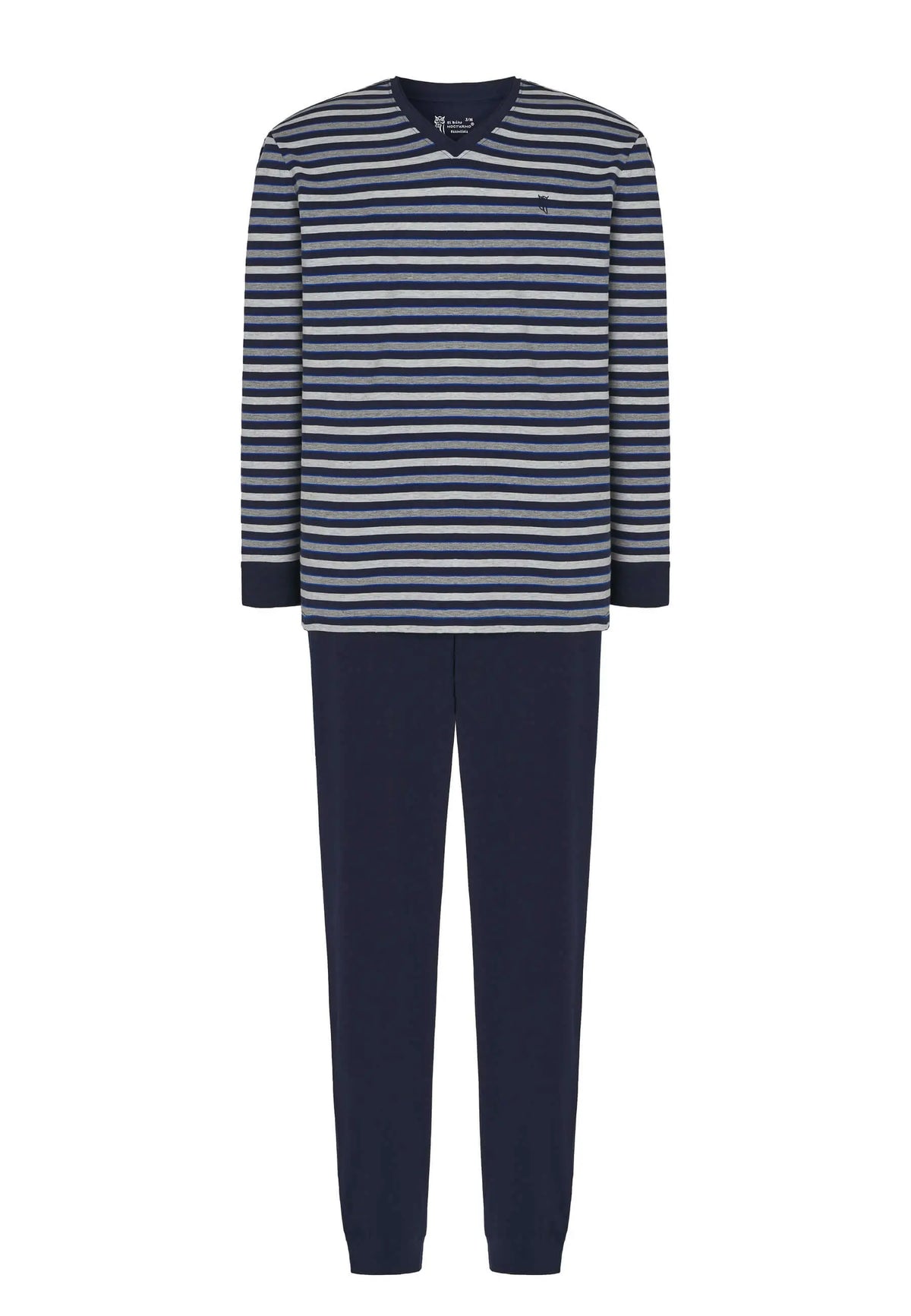 Pijama hombre de punto, camiseta manga larga a rayas gris y azul con cuello pico y pantalón largo azul marino liso.