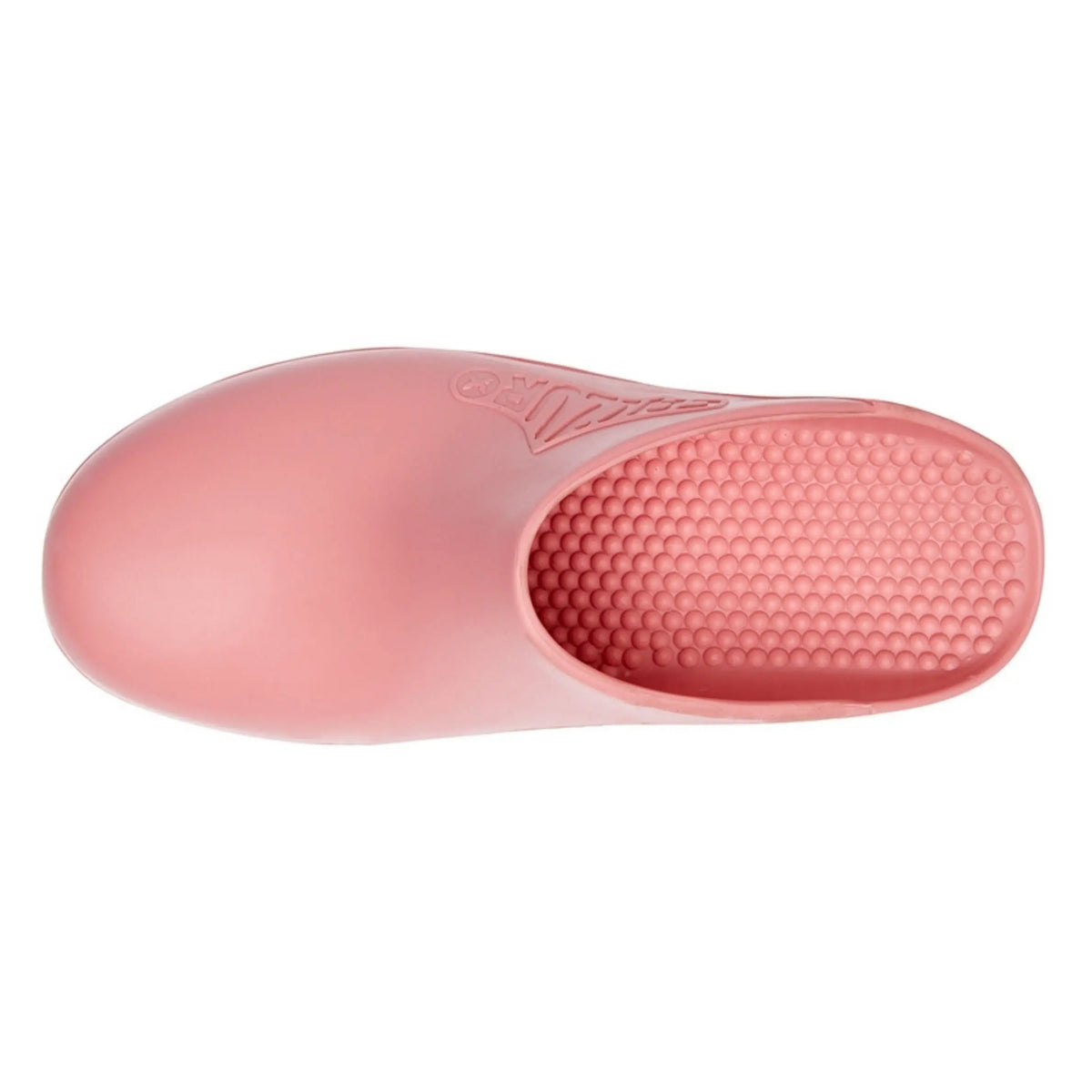 Bubblegum pink, solid-toed professional clog with a textured, slip-resistant interior sole.