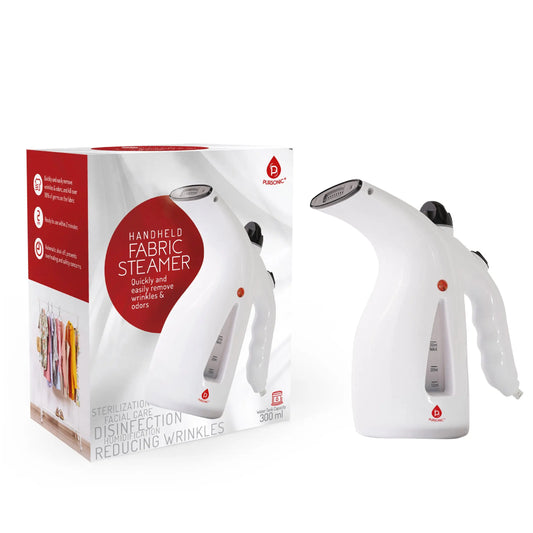 White handheld clothes steamer with a 300ml water tank, next to its illustrated product packaging box.