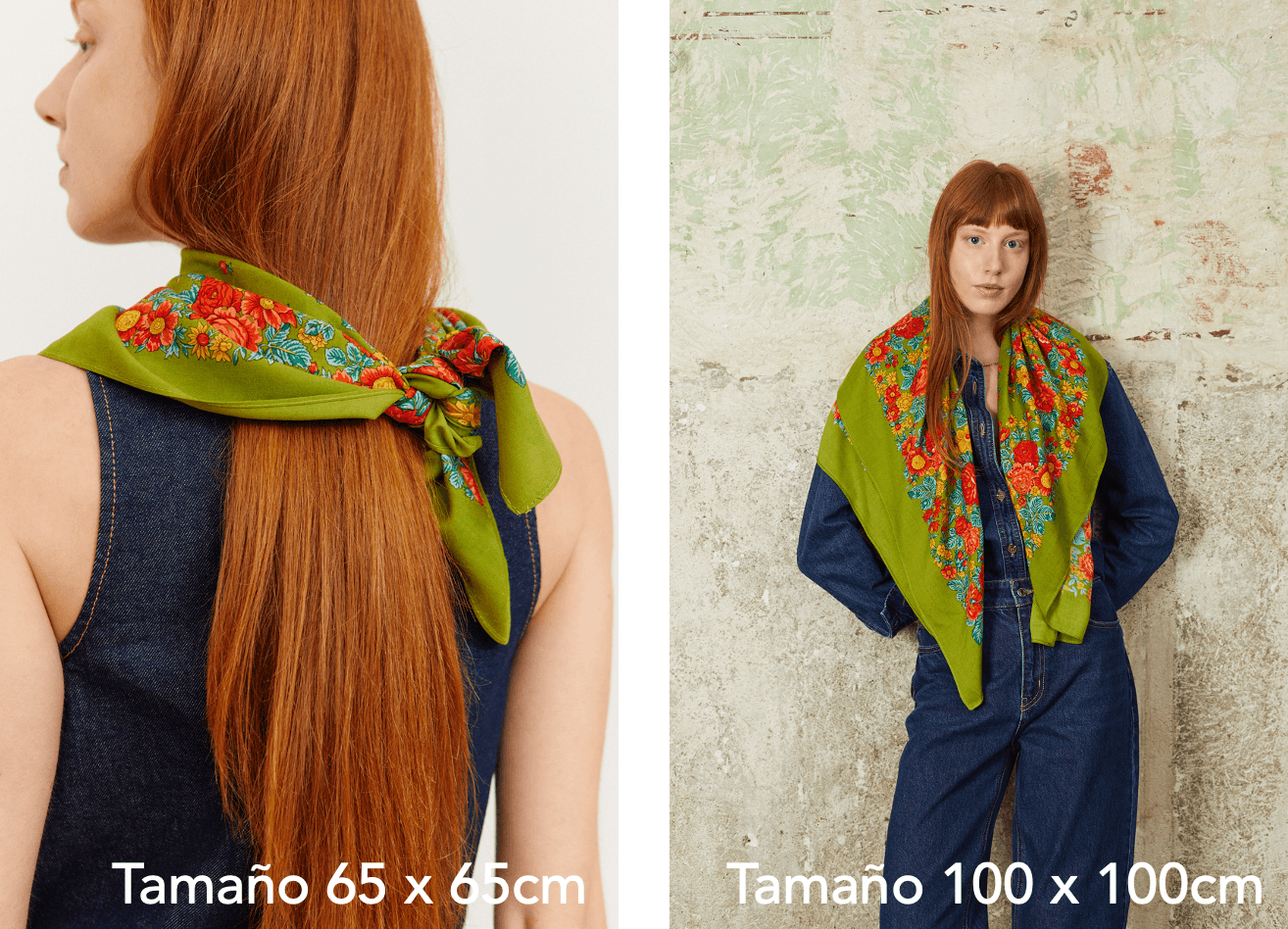 Pañuelo cuadrado verde oliva con estampado floral tradicional, diseño estilo portugués en tejido suave sobre modelo.