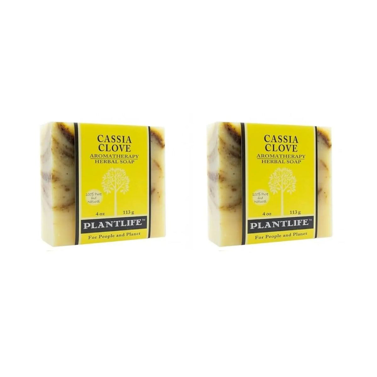 Two bars of Plantlife Cassia Clove herbal soap with yellow labels, featuring a tree graphic and natural, earthy tones.