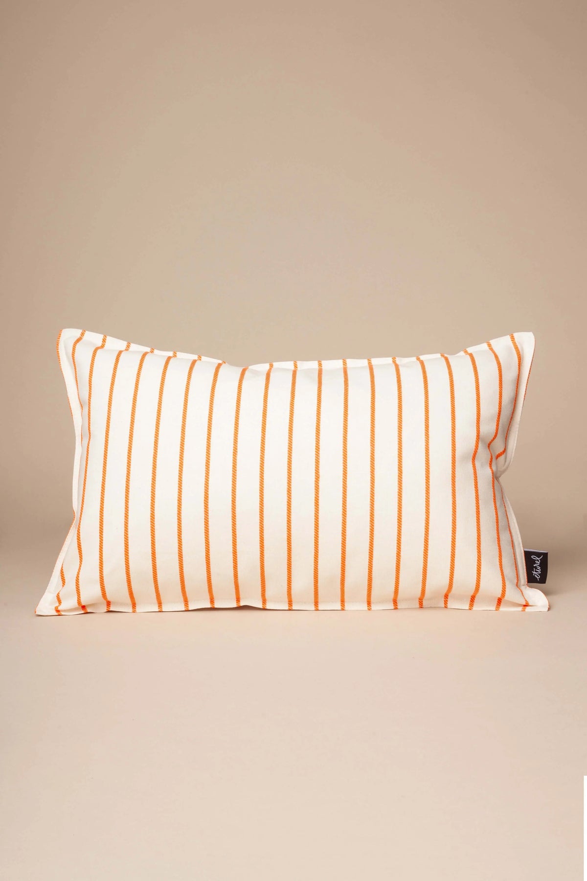 Rectangular throw pillow cover with vertical orange and white striped pattern, measuring 30cm x 50cm.