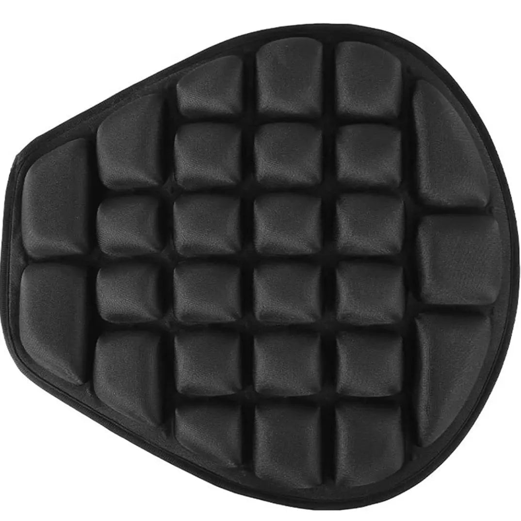 Black cushioned seat pad with a unique honeycomb design, ideal for comfort and support in outdoor or office settings.