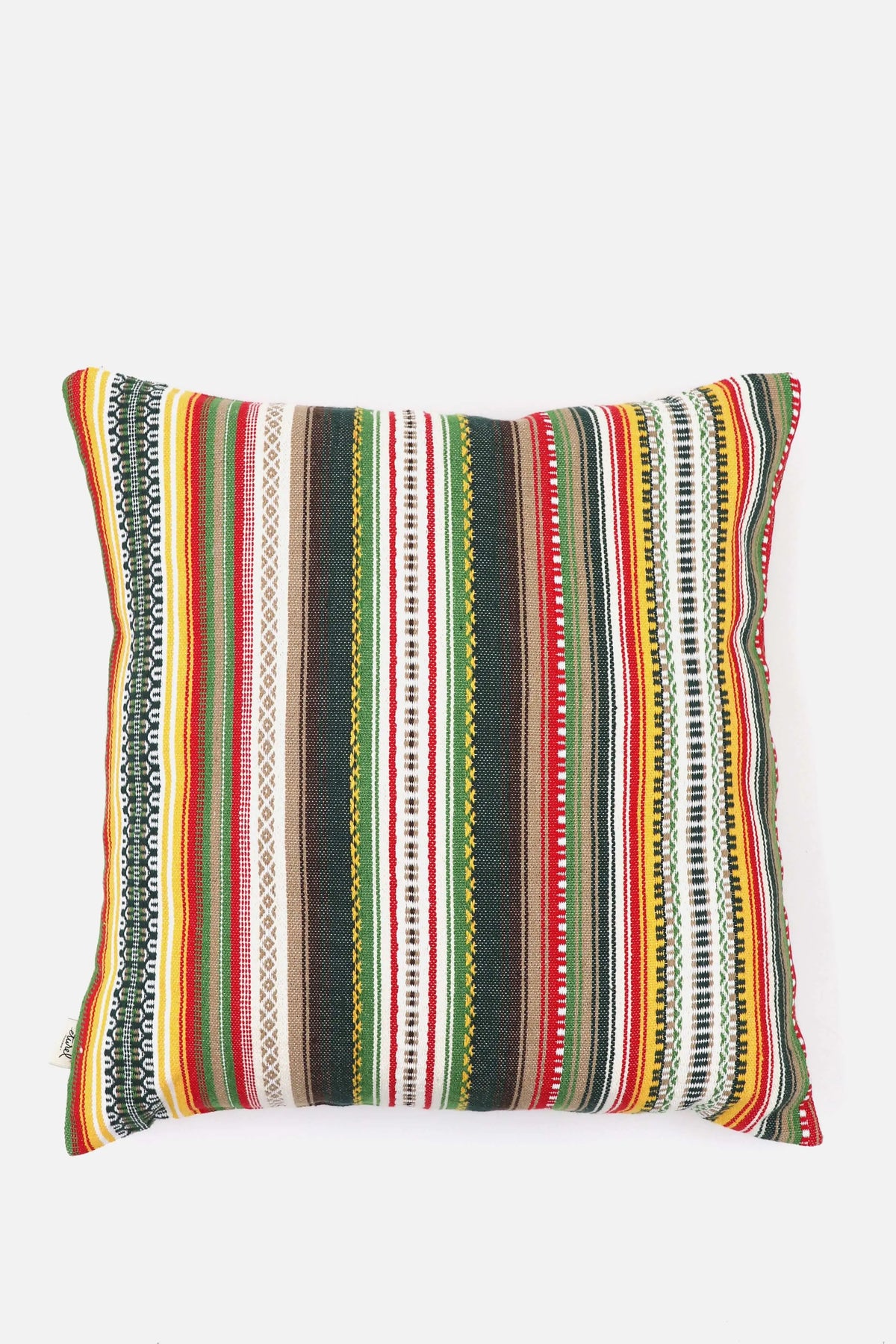 Funda de cojín cuadrada (50x50cm) con diseño de rayas verticales multicolores y textura tejida estilo artesanal.