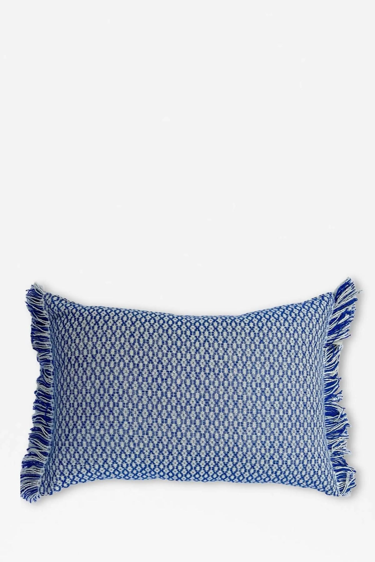 Rectangular blue and white patterned cushion cover with fringe trim on both sides, 30x45cm.
