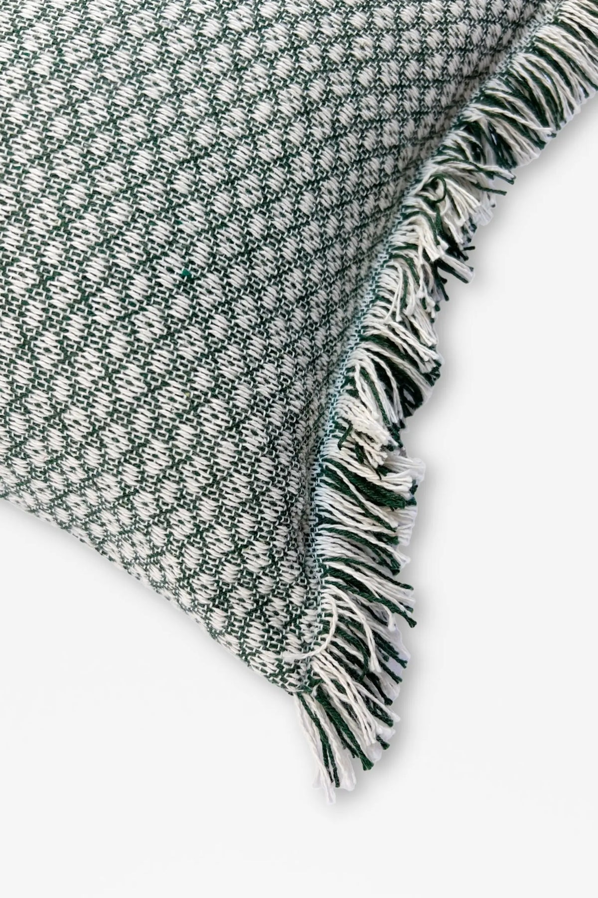 Cojín verde con textura de patrón, borde con flecos en tonos blanco y verde, estilo moderno y acogedor.