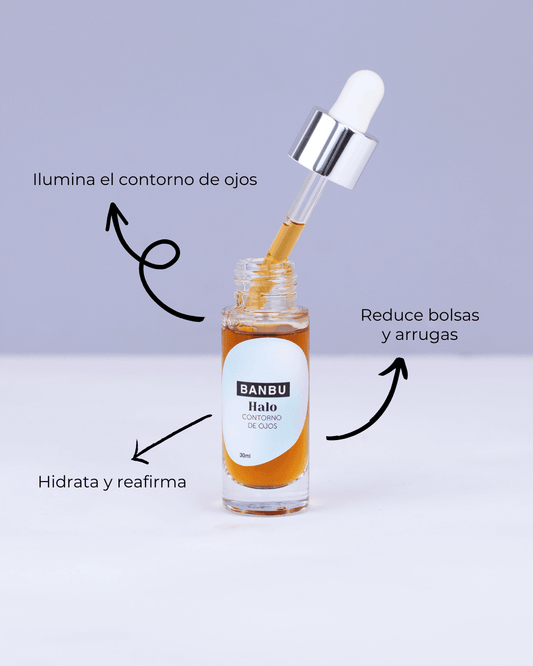 Frasco de vidrio de contorno de ojos Banbu Halo con gotero y texto informativo sobre sus beneficios para la piel.