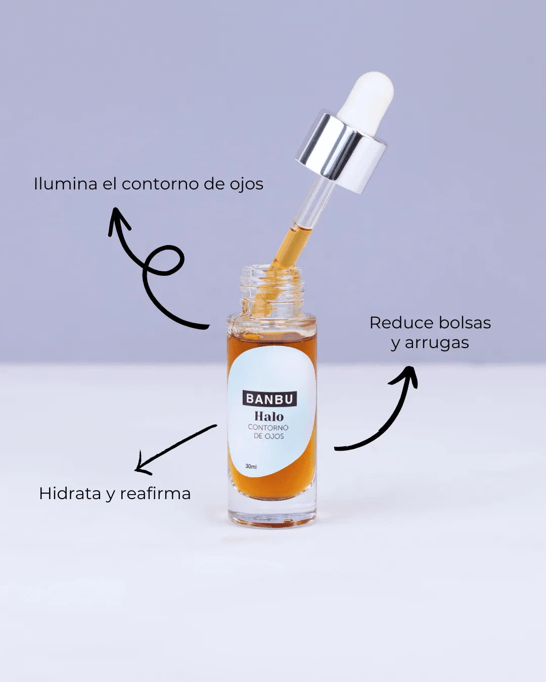 Frasco de vidrio de contorno de ojos Banbu Halo con gotero y texto informativo sobre sus beneficios para la piel.