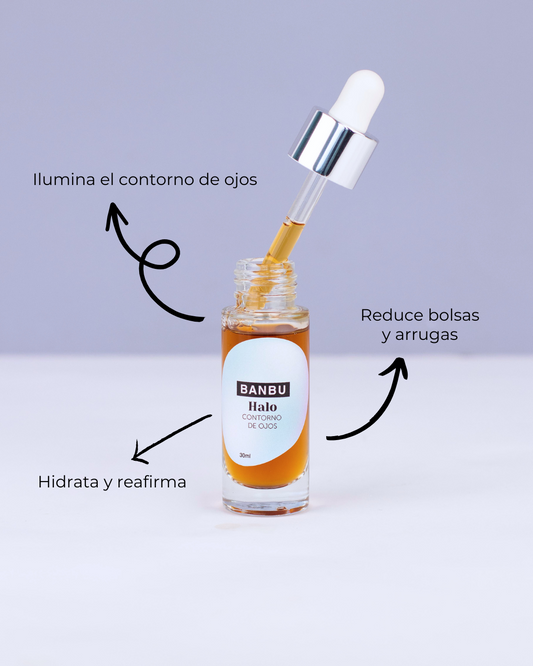Frasco de vidrio de contorno de ojos Banbu Halo con gotero y texto informativo sobre sus beneficios para la piel.