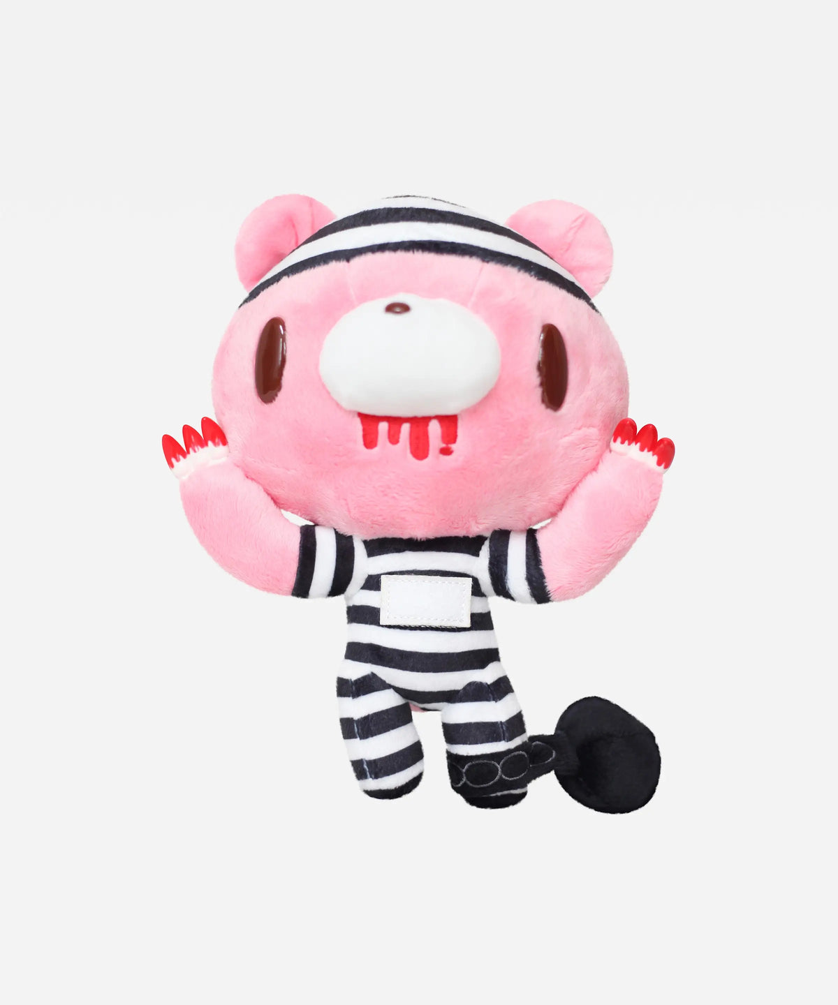 8" Gloomy Bear plush in a black-and-white striped prison outfit with a ball and chain, red claws, and blood drip.