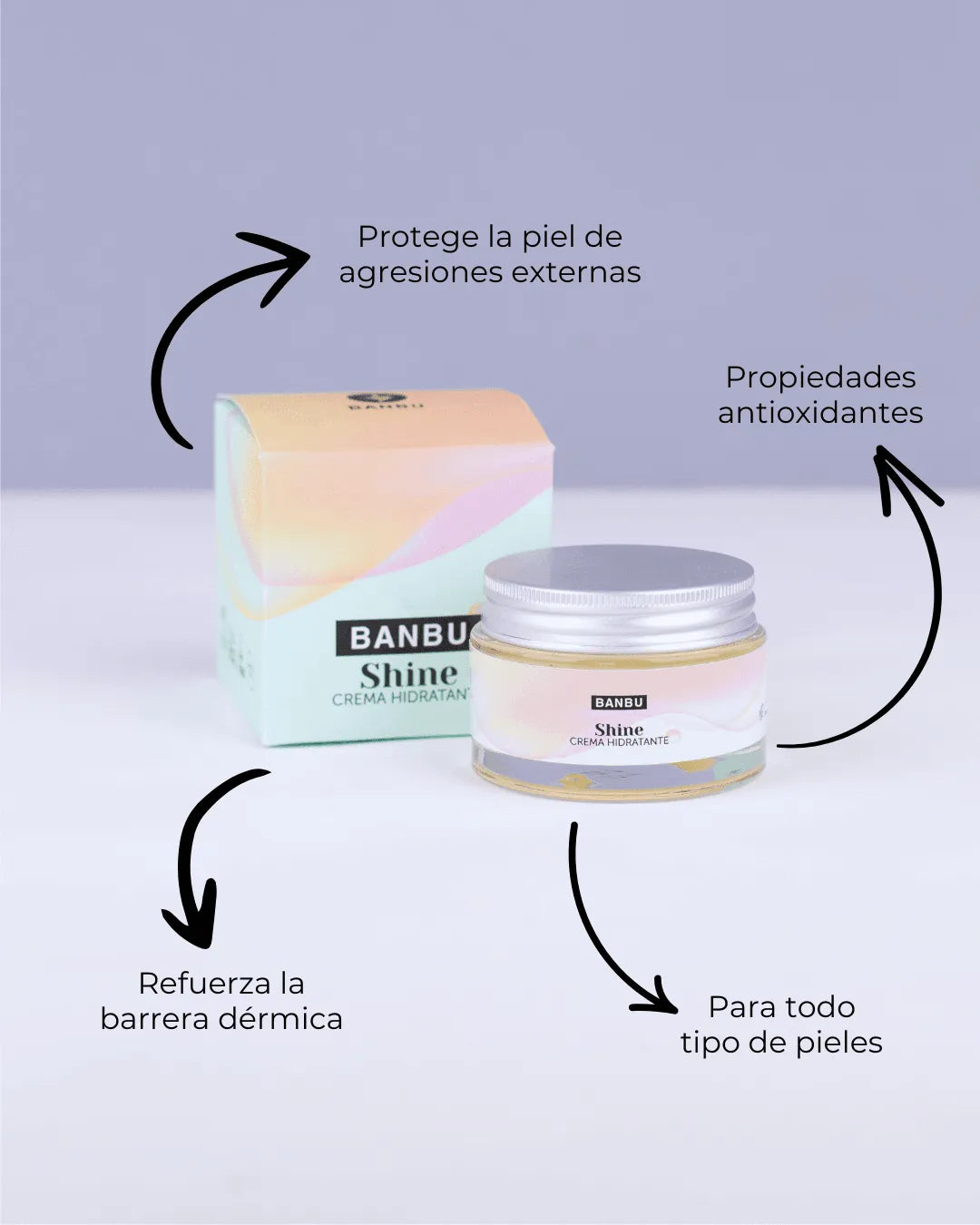 Crema facial Banbu Shine en tarro de vidrio con tapa plateada y caja con tonos pastel, rodeada de beneficios clave.