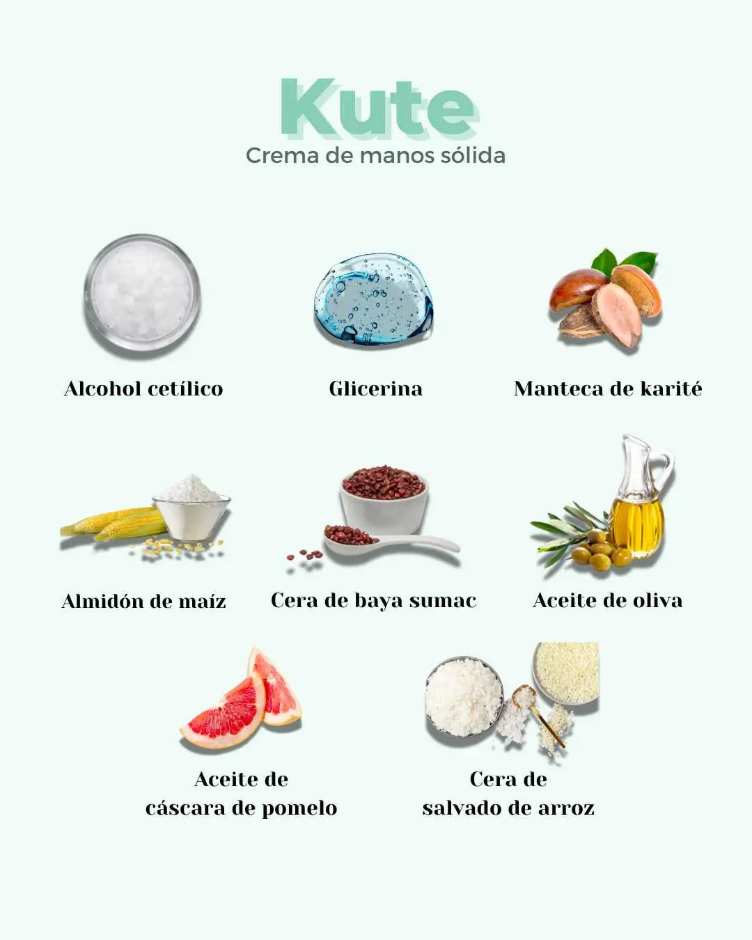 Infografía de ingredientes naturales de la crema sólida KUTE de Banbu: aceites, mantecas y ceras sobre fondo verde claro.