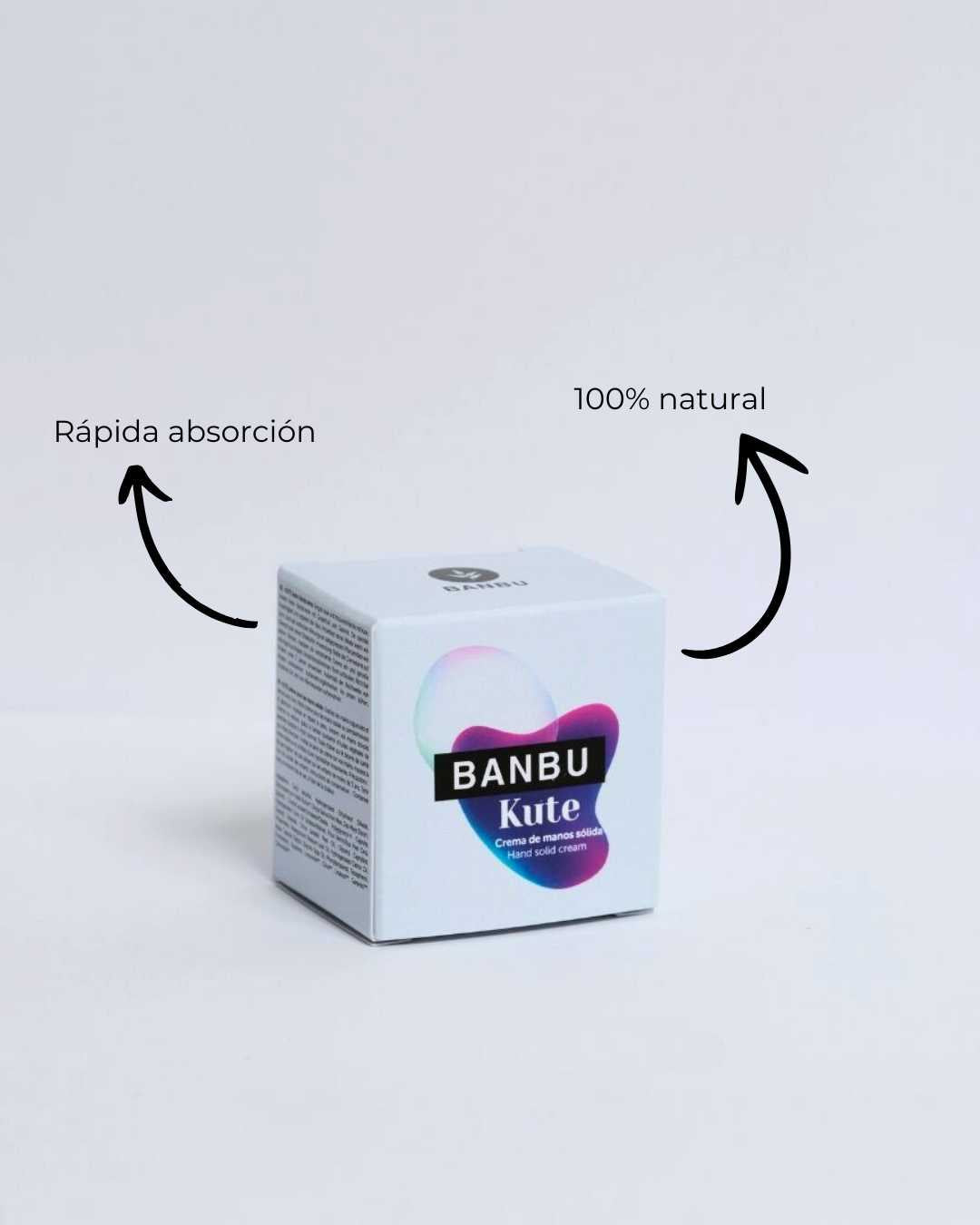 Caja blanca de crema de manos sólida Banbu Kute con logo colorido y flechas indicando "rápida absorción" y "100% natural".