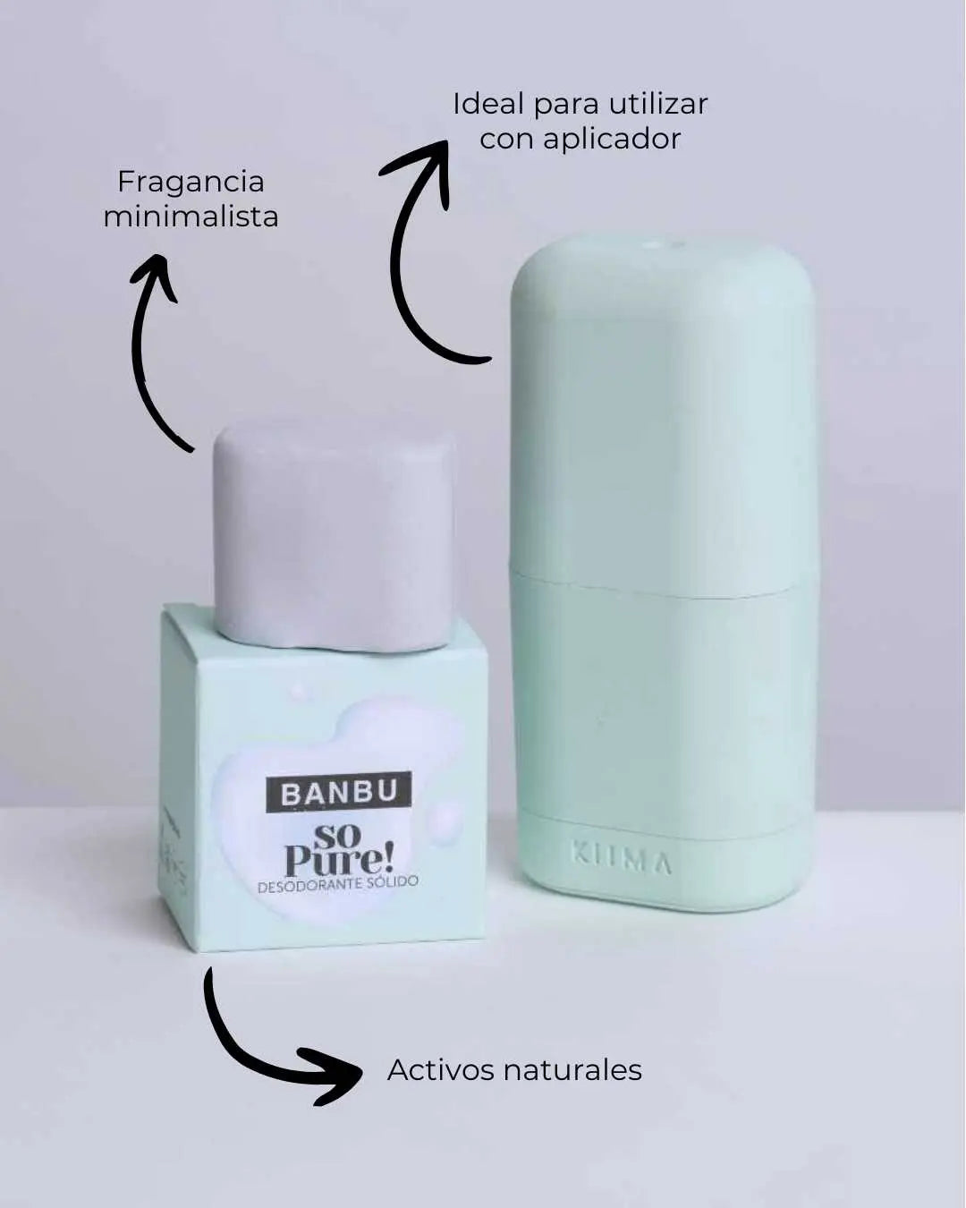 Desodorante sólido Banbu So Pure, con envase verde menta, junto a su caja y aplicador, sobre fondo blanco minimalista.