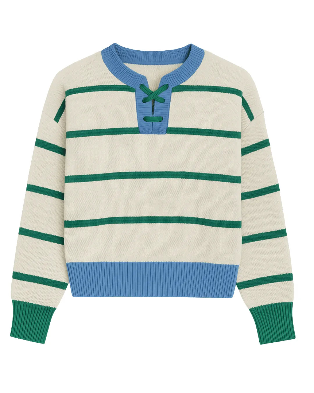 Suéter de rayas crema con verde y azul, elaborado en algodón, estilo casual con detalle de cordones en el cuello.