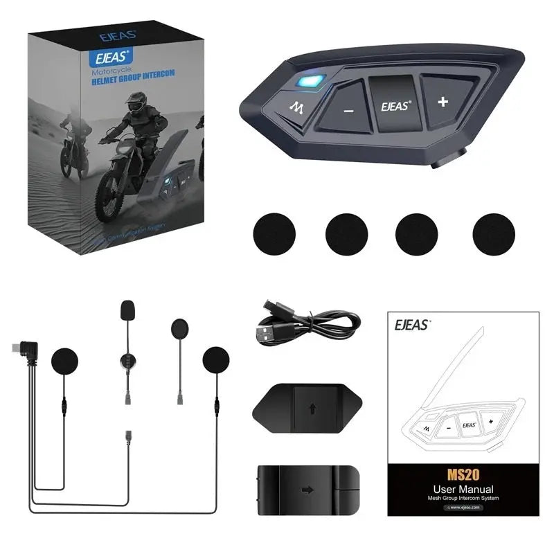 EJEAS MS20 motorcycle helmet intercom system, includes Bluetooth remote, mic, and installation accessories, sleek black design.
