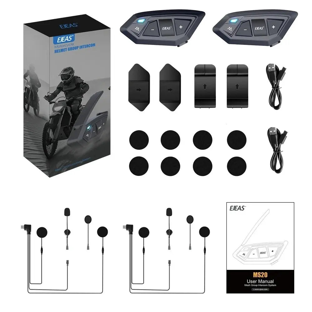 EJEAS M520 motorcycle helmet intercom set with black control units, microphones, and accessories for clear communication.