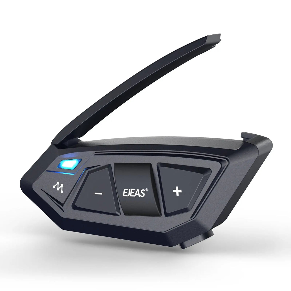 Wireless Bluetooth headset control, sleek black design with blue LED indicator, perfect for hands-free calling.
