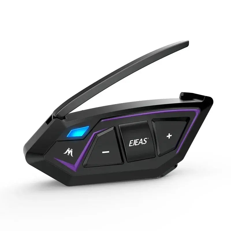 Wireless Bluetooth motorcycle headset in sleek black with purple accents, featuring easy-to-use control buttons.