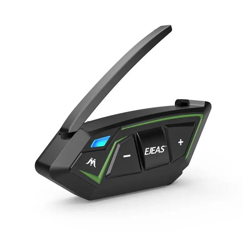 Black EJEAS Bluetooth motorcycle intercom with green accents and a sleek design, featuring buttons for easy control.