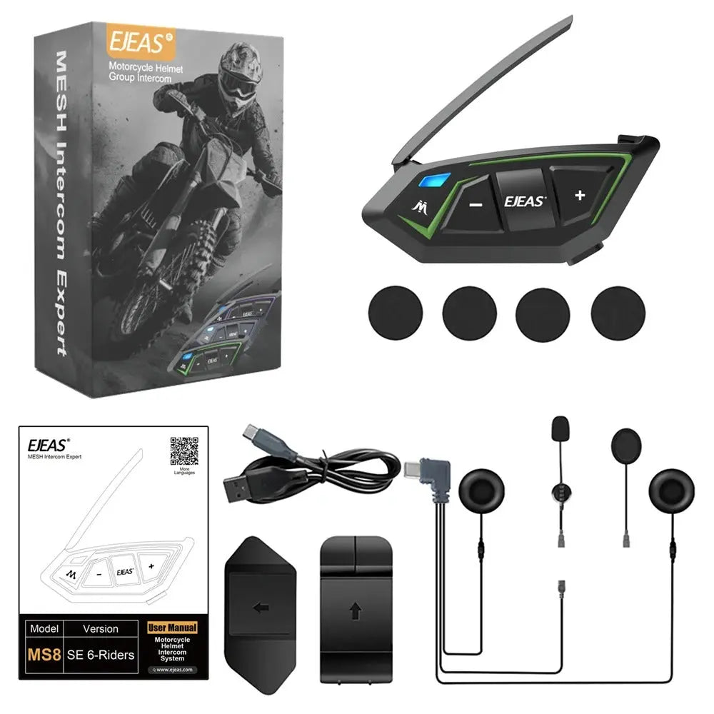 EJEAS M8 Bluetooth motorcycle helmet intercom, black with green and blue buttons, includes accessories for six riders.