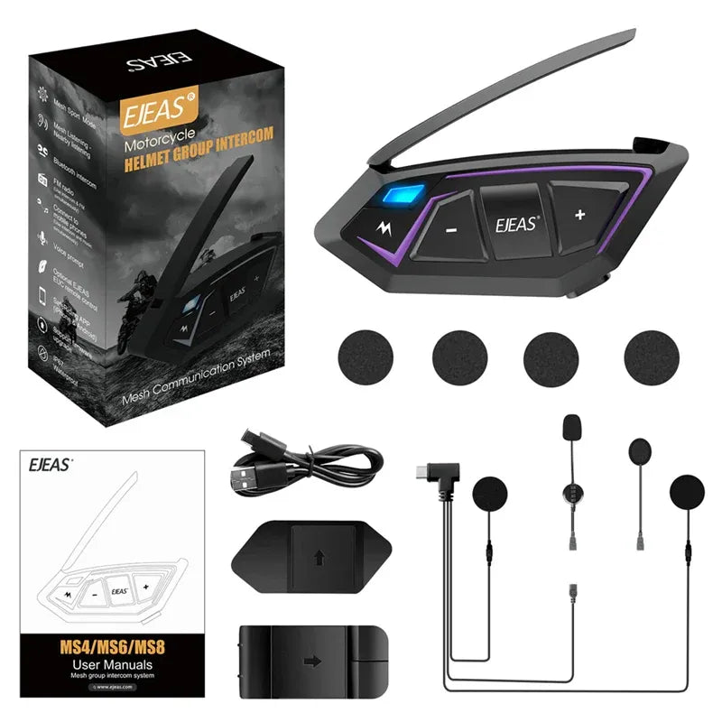 Black EJEAS motorcycle helmet intercom system with Bluetooth, featuring a sleek design, user manuals, and mounting accessories.