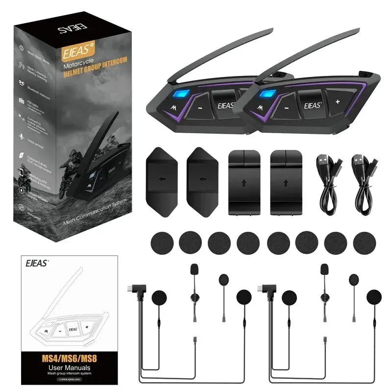 EJEAS motorcycle helmet intercom set, sleek black design, includes dual speakers, microphones, and user manuals.
