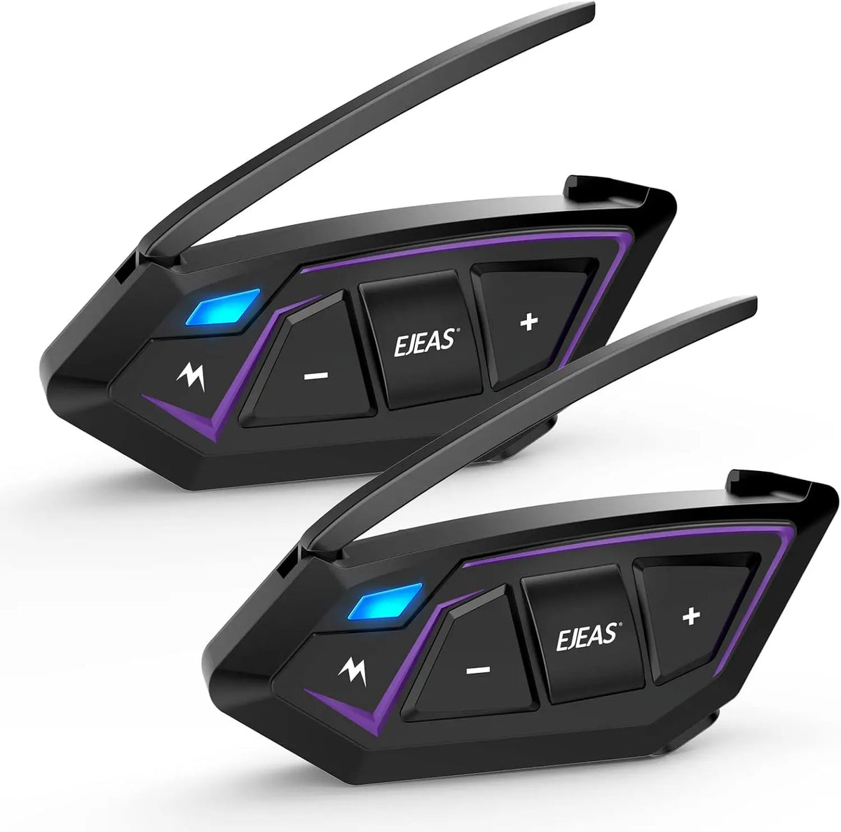 Wireless motorcycle Bluetooth headsets in sleek black, featuring purple accents and easy-to-use control buttons.
