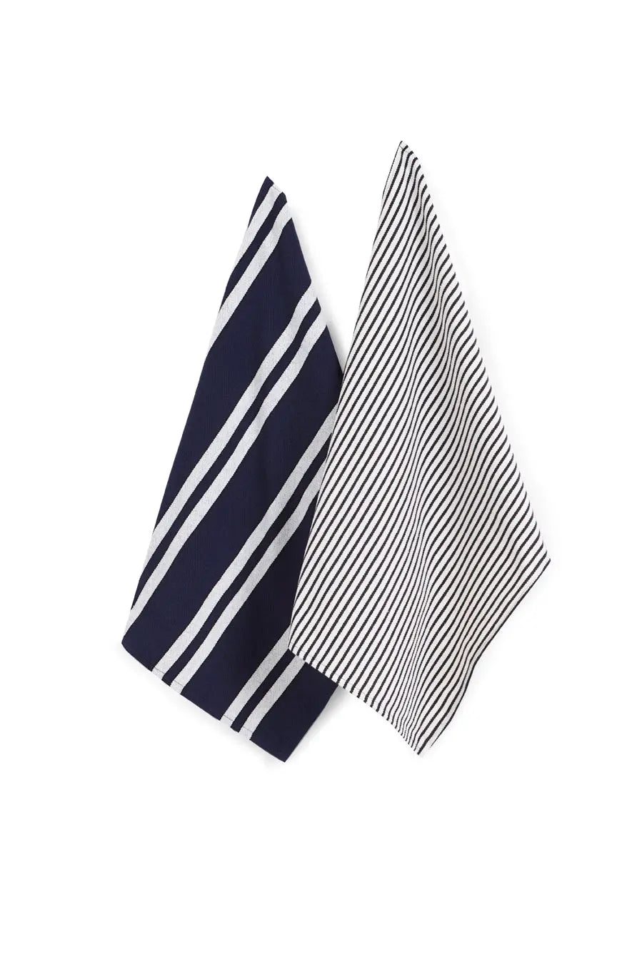 Set of two blue and white striped cotton kitchen towels with contrasting vertical line patterns.