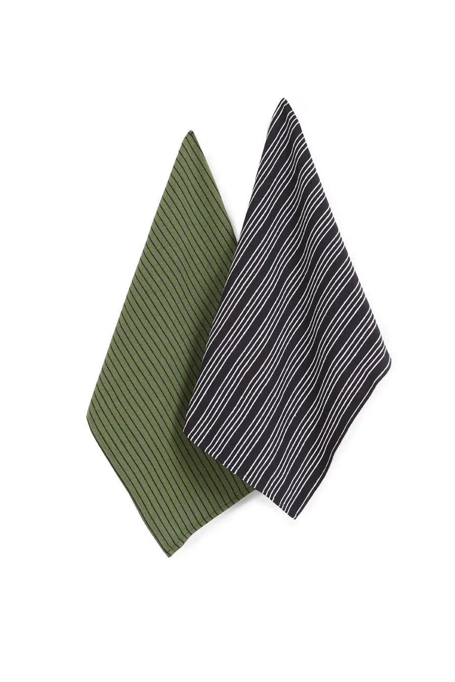 Set de dos paños de cocina de loneta: uno verde con rayas negras y otro negro con finas rayas blancas.