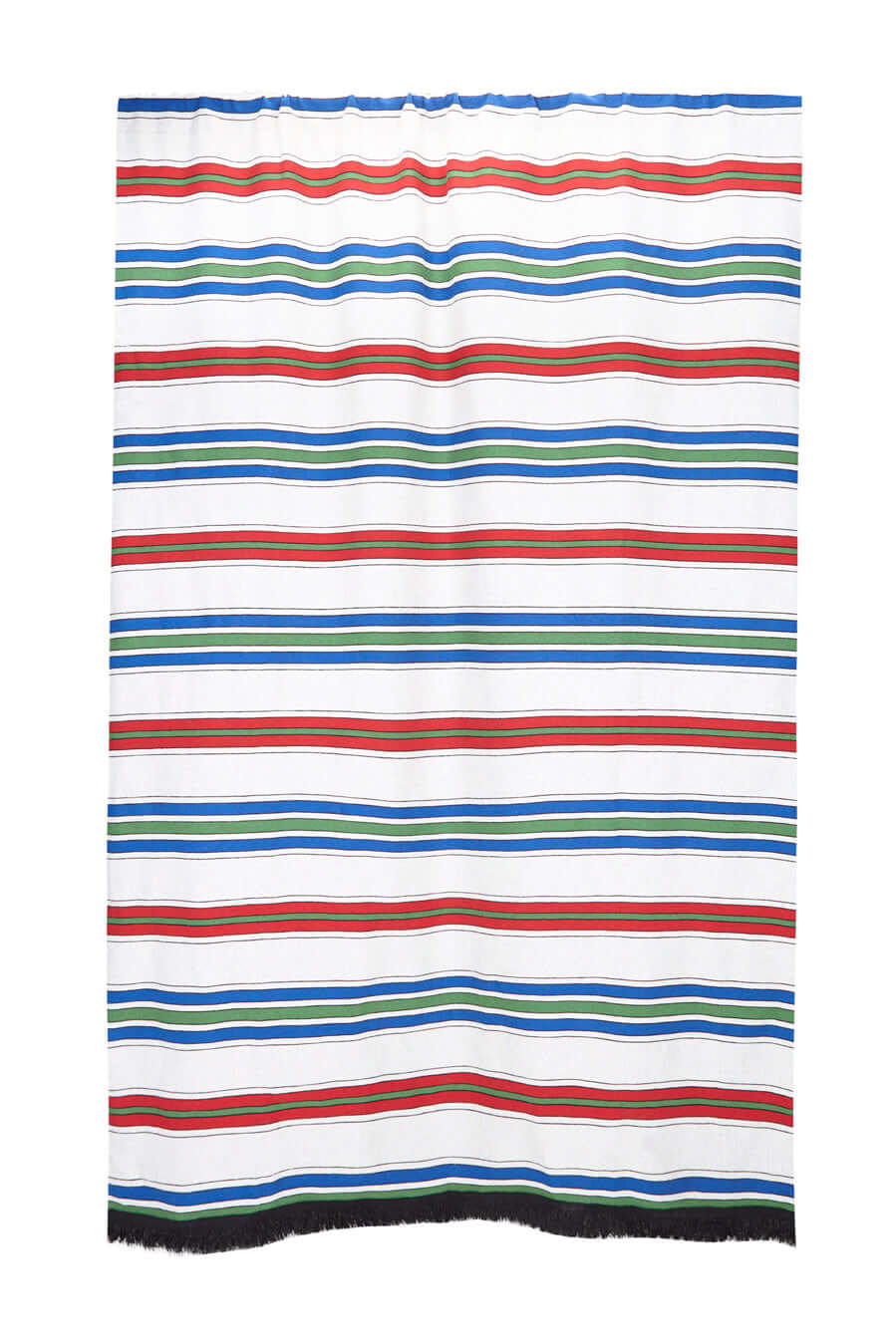 Cortina tejido canario rayas azules rojas verdes fondo blanco con fleco negro - cortina algodón 155x225cm España