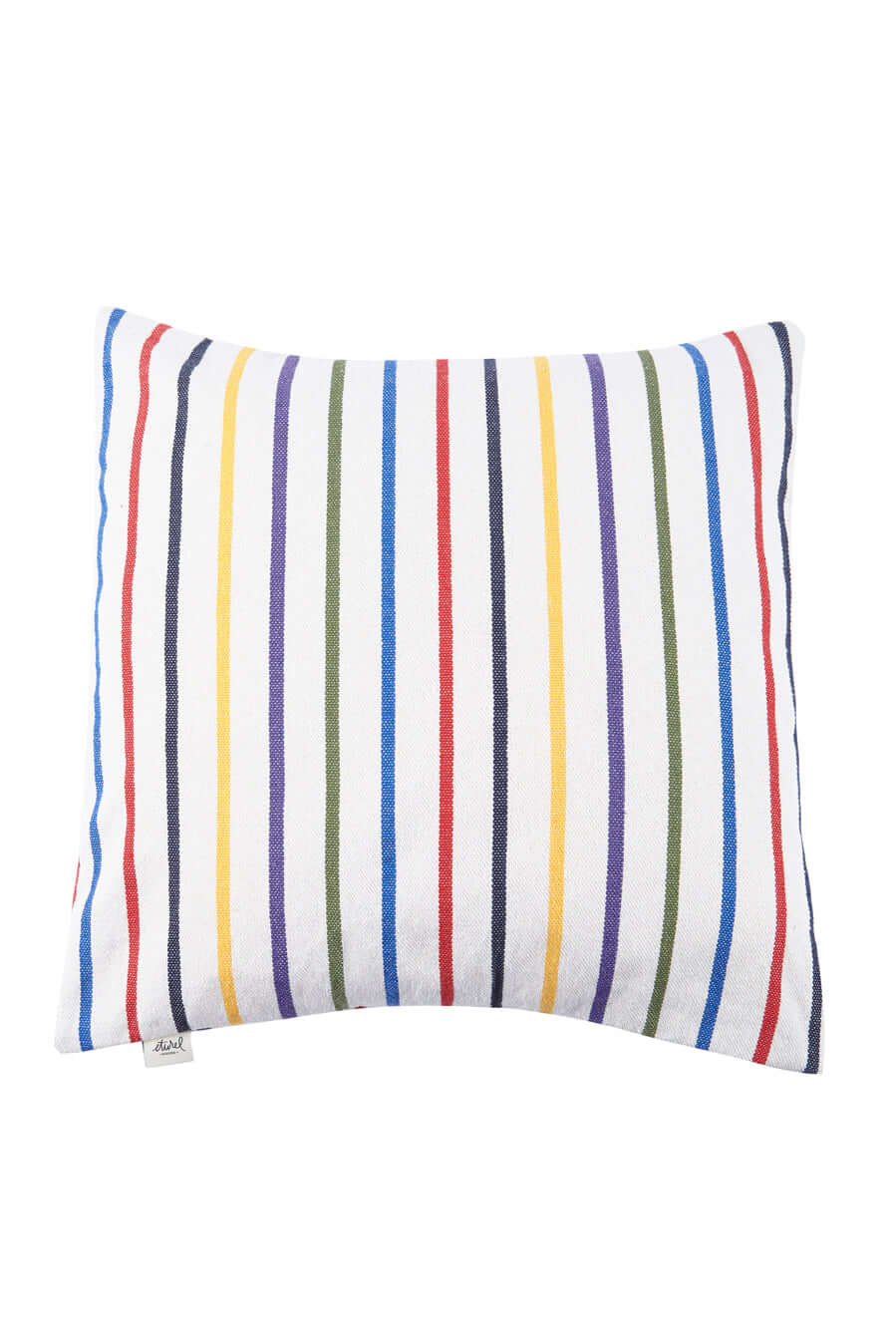 Square cushion cover with multicolored vertical stripes in red, yellow, blue, and green on a white woven fabric.