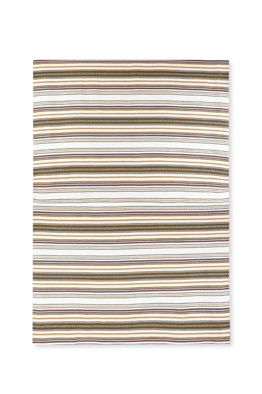 Mantel de rayas en tonos dorados, marrones y blancos, tejido de algodón, estilo moderno y elegante.