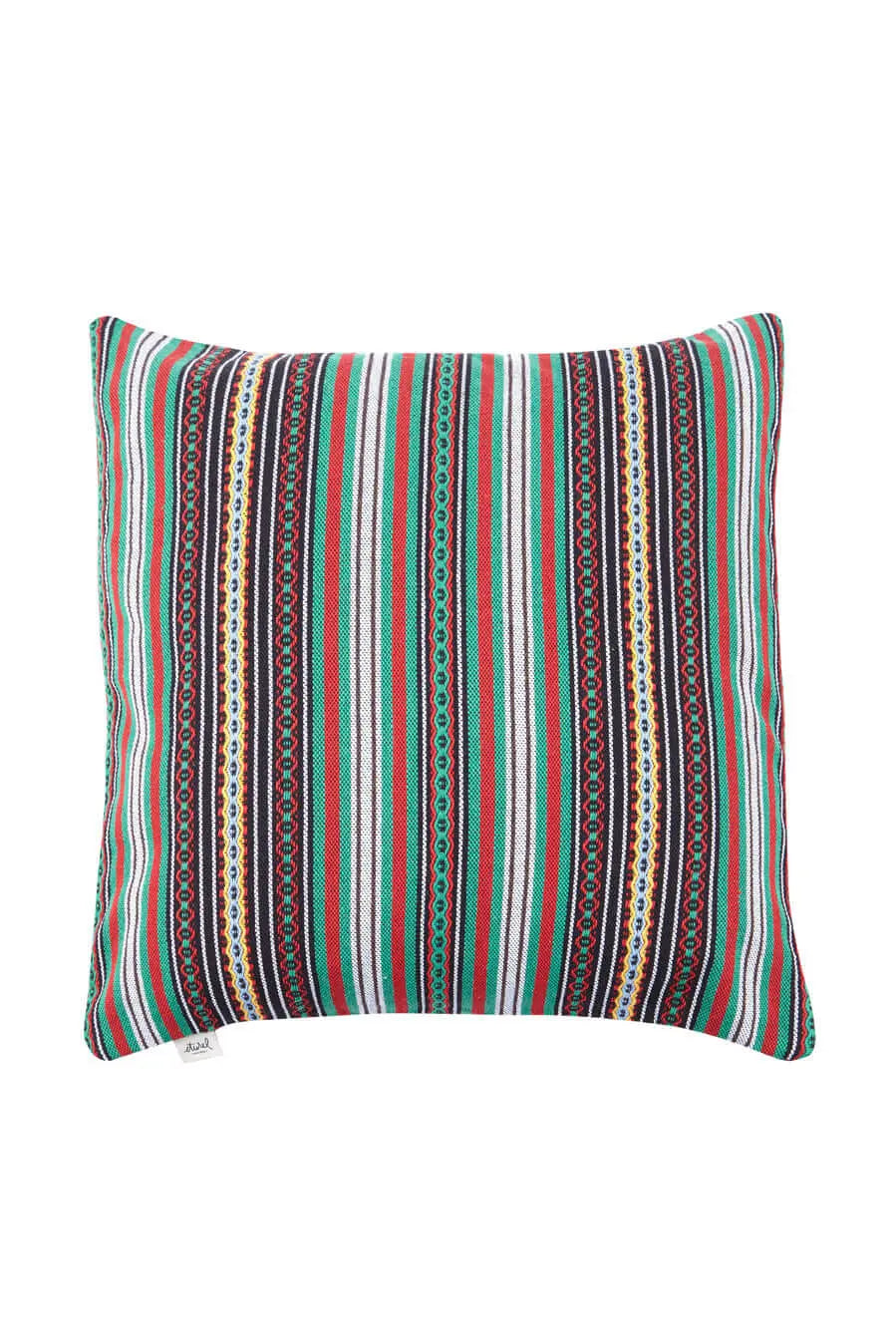 Rectangular cushion cover featuring a textured, multi-colored vertical striped pattern in green, red, black, and white.