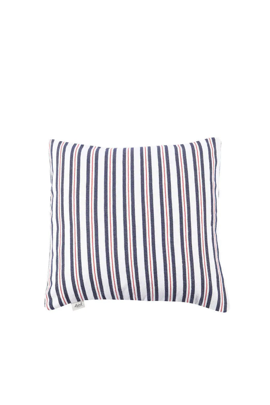 Square canvas cushion cover, 45x45cm, featuring vertical blue and red pinstripes on a white background.
