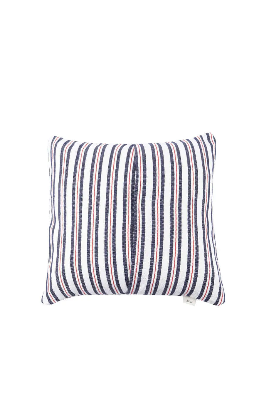 Square cushion cover in blue, red, and white vertically striped canvas fabric with a center overlap closure.