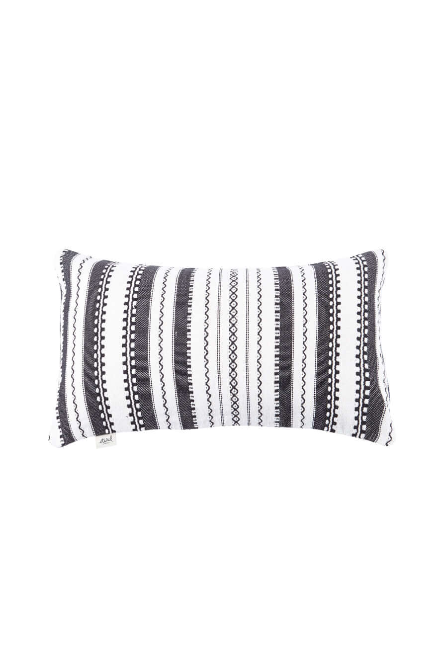 Rectangular cushion cover with a black and white striped Alpujarra-style woven pattern and geometric details.
