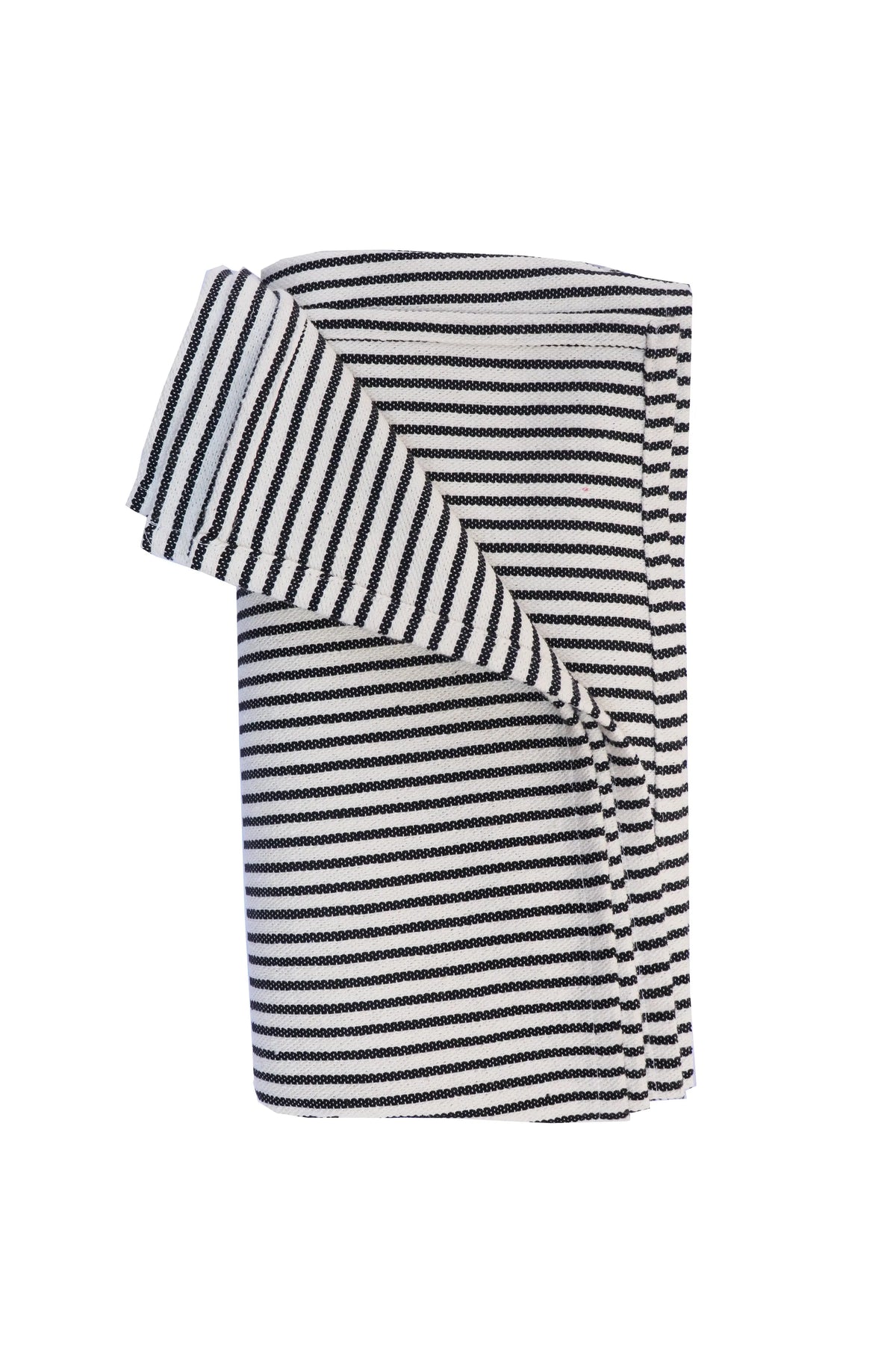 Folded cotton canvas tablecloth with black and white horizontal stripes and a textured weave on a white background.