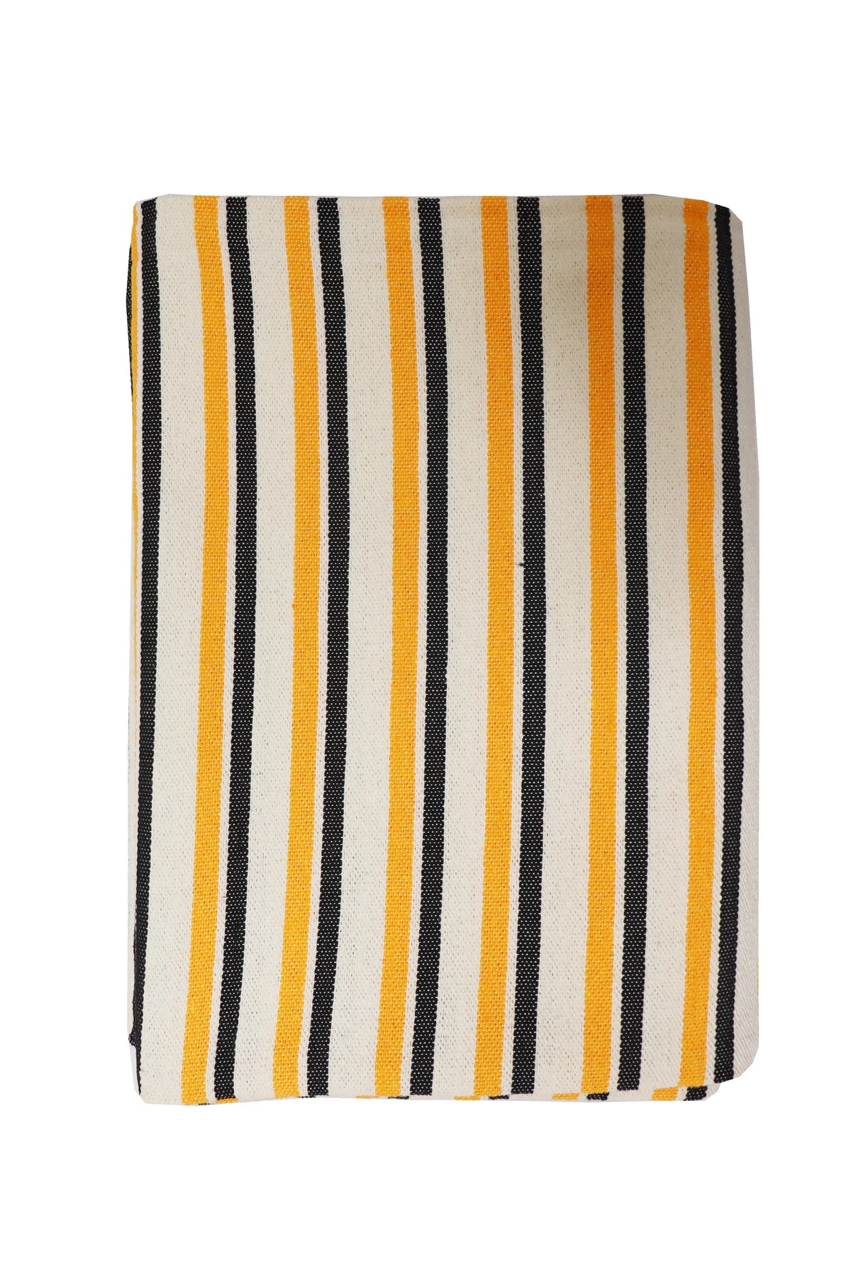 Mantel de loneta con diseño de rayas verticales en colores amarillo, negro y crudo, tejido resistente y estilo casual.